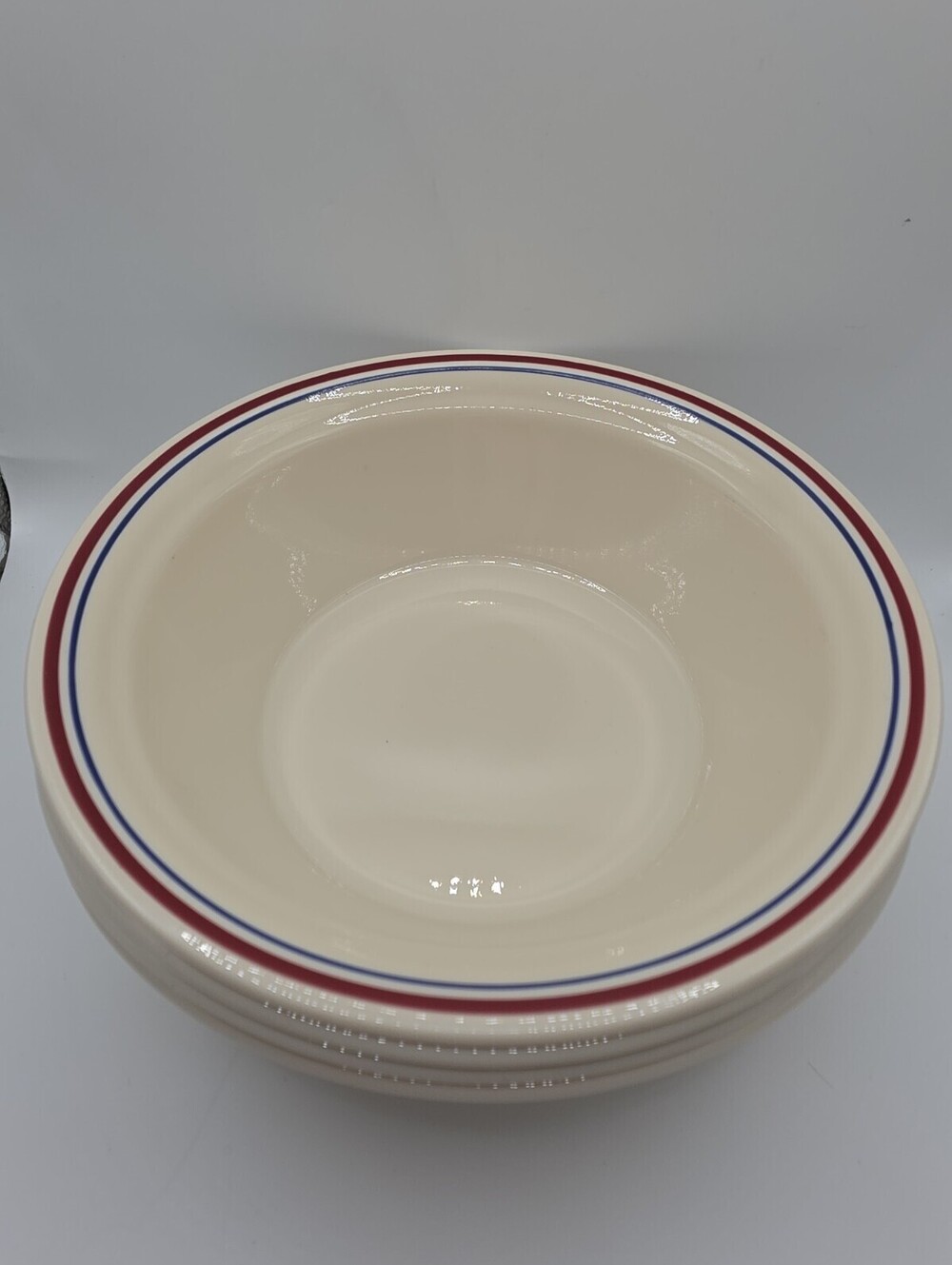 Vintage Corelle ABUNDANCE Set of 4 Soup/Cereal Bowls Beige w/ Blue & Red Stripe